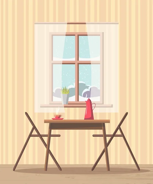 ダイニング ルームのインテリア背景ター テーブル ボウル テーブルと雪に覆われたビュー ポット マグカップ 窓の近くの椅子 白いカーテンは窓の土台で植物に手放しましょう モダンなフラット — ストックベクタ