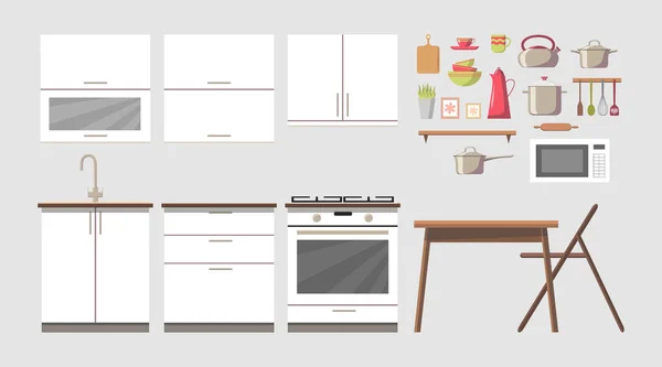 Cozinha Acolhedora Branca Interior Construtor Clip Art Set Com Mobiliário —  Vetores de Stock