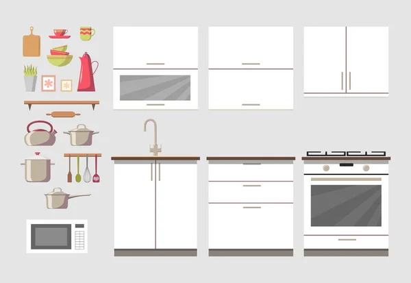 Blanco Acogedora Cocina Interior Constructor Clip Art Conjunto Con Muebles — Vector de stock