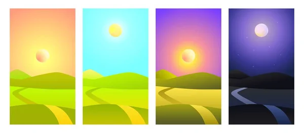 Векторні Ландшафтні Ілюстрації Поле Сонце Або Місяць Небі Різний Час — стоковий вектор
