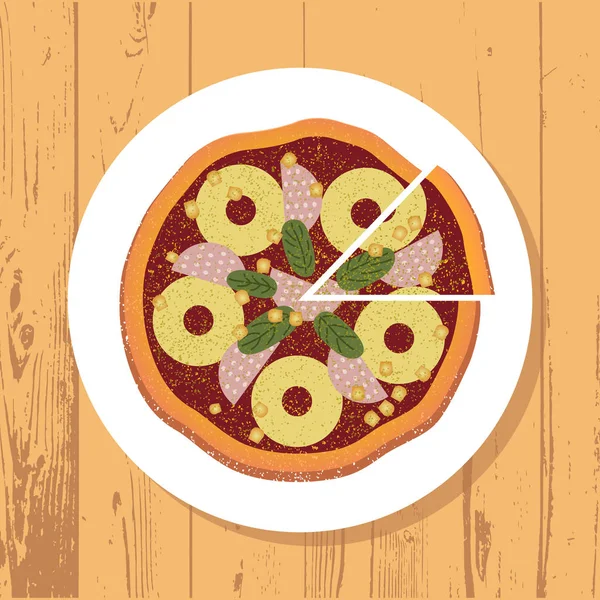 Rebanada de pizza y pizza en plato blanco sobre fondo texturizado mesa de madera, vector — Vector de stock