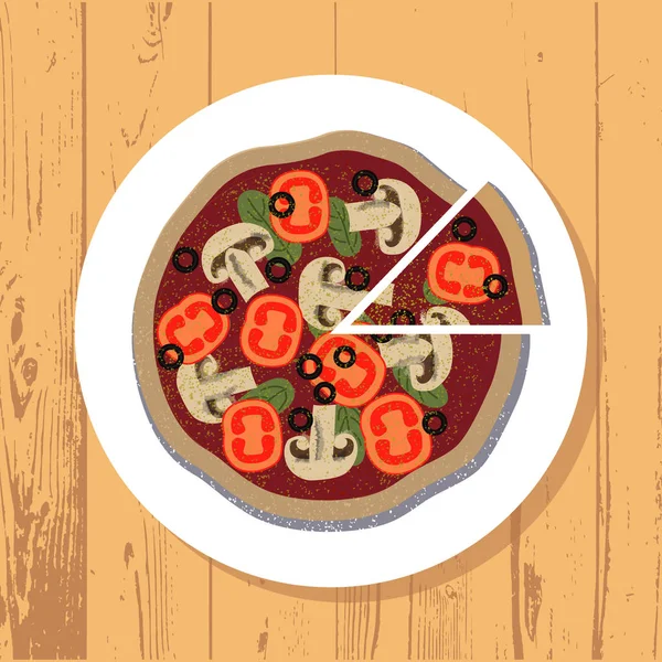 Pizza och pizza slice på vit platta på träbord texturerat bakgrund, vektor — Stock vektor