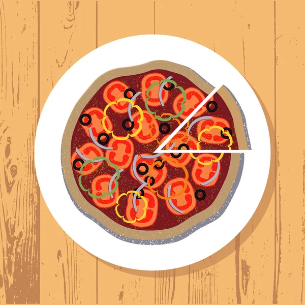 Rebanada de pizza y pizza en plato blanco sobre fondo texturizado mesa de madera, vector — Vector de stock