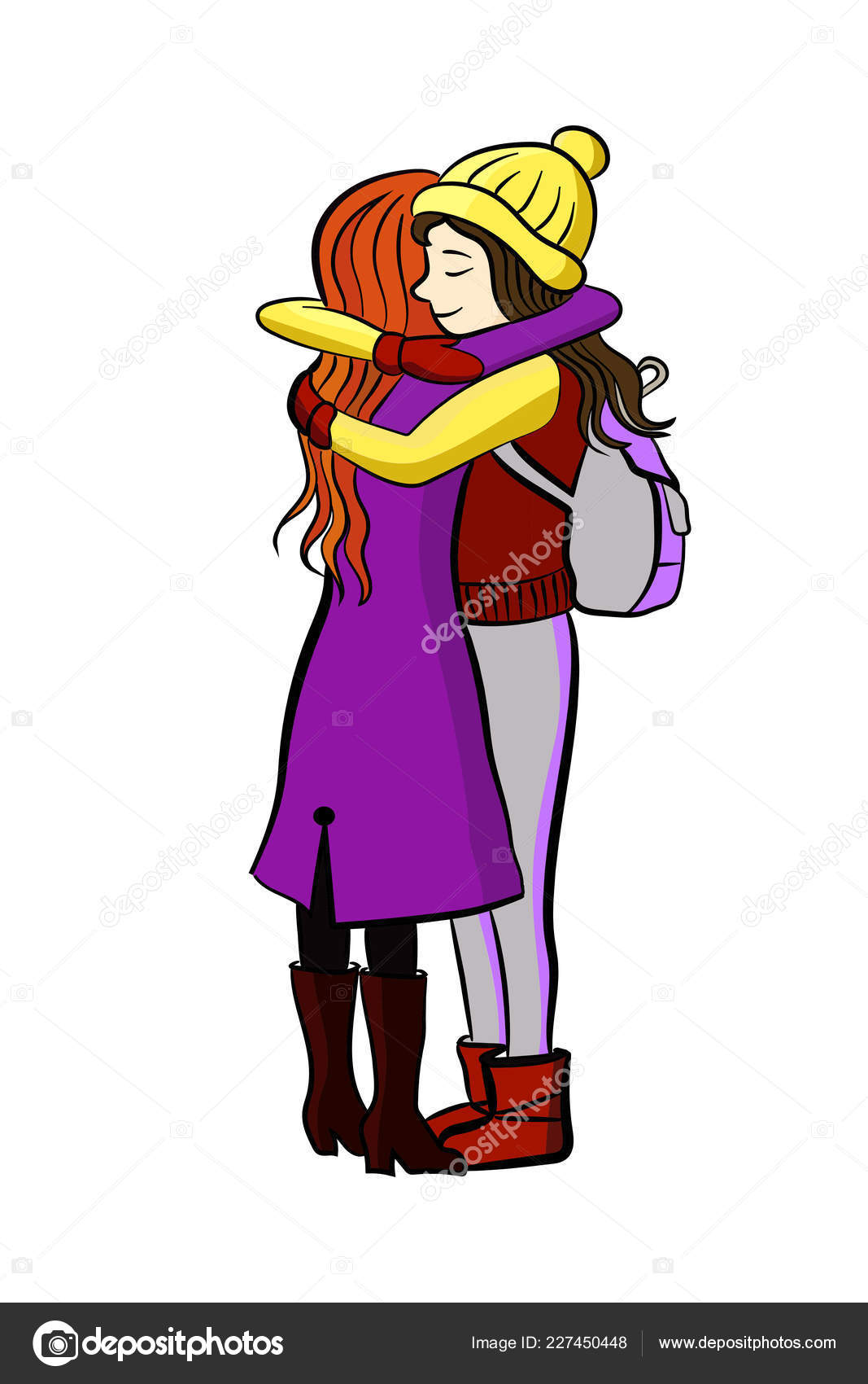 Girl friends have a hug. Friends are very happy to meet, smile and hug each  other. They are in stylish autumn apparel on this vector pic. Cartoon  characters. Stock Vector Image by ©