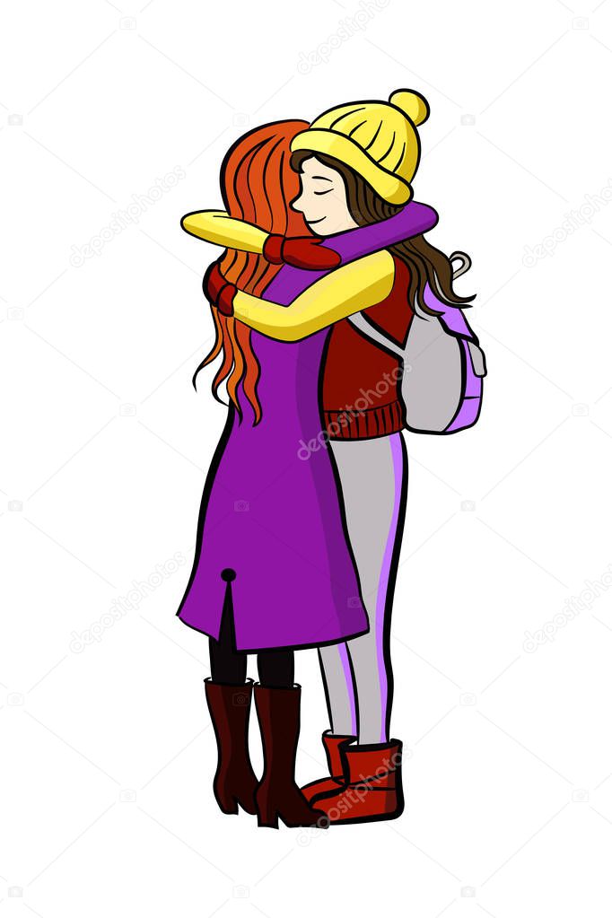 Girl friends have a hug. Friends are very happy to meet, smile and hug each other. They are in stylish autumn apparel on this vector pic. Cartoon characters.