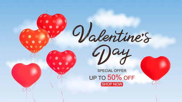Valentine Dzień Sprzedaż Szablon Ręką Napis Tekst Serca Balonów Ilustracja — Wektor stockowy