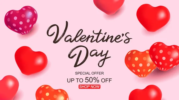 Valentine Dzień Sprzedaż Szablon Ręką Napis Tekst Serca Balonów Ilustracja — Wektor stockowy