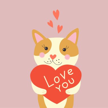 Elle çizilmiş tipografi poster aşık kalpler başının altına küçük kedi yavrusu ile yazı seviyorum. Vektör çizim - Sevgililer günü, anneler günü, Düğün tebrik kartları, davetiyeler için kedi
