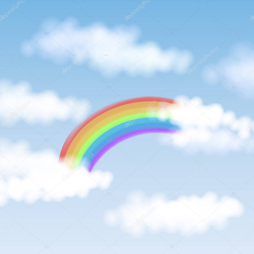 Vector illustration with blue sky, white clouds and colorful rainbow for greeting valentines cards, poster, banner background template.