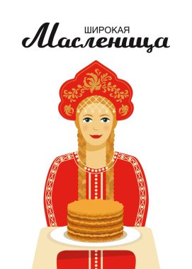 Elle çizilmiş tipografi yazı poster shrovetide Rus kutlama metin ve animasyon portre eski geleneksel giysileri genç Rus güzel kızı ile holding plaka üzerinde krep.