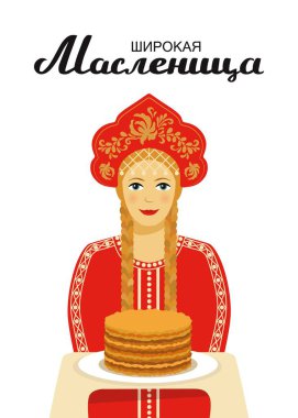 Elle çizilmiş tipografi yazı poster shrovetide Rus kutlama metin ve animasyon portre eski geleneksel giysileri genç Rus güzel kızı ile holding plaka üzerinde krep..