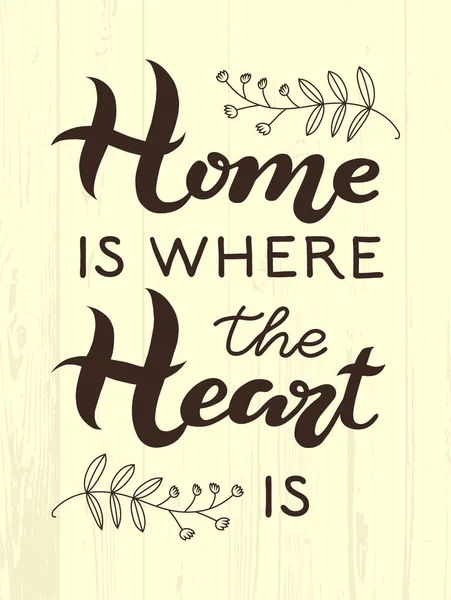 Hand drawn Home is where your Heart is typography lettering poster on textured wooden background. Text and decor around it. Rustic card, banner template. Modern classic style vector illustration — Stock Vector