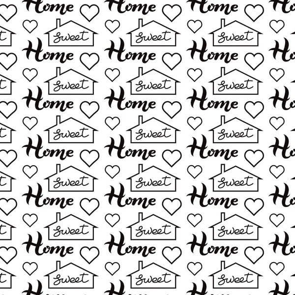 Sweet Home elle çizilmiş yazı kelime, ev ve kalp seamless modeli izole siluet. Poster, afiş şablon. İllüstrasyon - kumaş, giyim, giyim, kartlar, ambalaj tasarımı için yazdırma — Stok Vektör