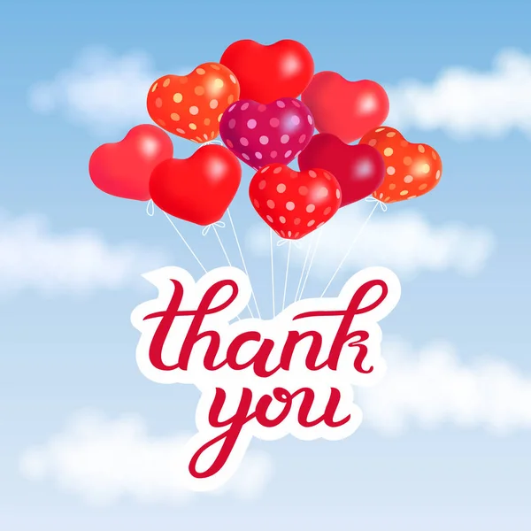 Merci calligraphie lettrage à la main suspendu avec ballon coloré dans le ciel bleu avec des nuages blancs, illustration d'art vectoriel — Image vectorielle