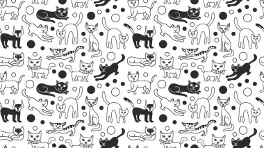 Doodle kroki kediler sevimli seamless modeli siyah ve beyaz izole. Yavru kedi posteri, afiş arka plan şablonu. Cats-ebilmek kullanılmış olarak Yazdır bebek giyim, t-shirtler, Çocuk giyim için kartları, ambalaj tasarımı.