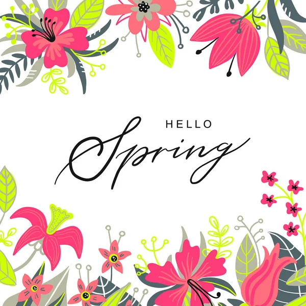 Hello spring typography hand drawn lettering poster with flower frame decor. Vector illustration for 8 March Womens Day, Mothers Day, greeting cards, invitations. Floral border background, template — Stock Vector