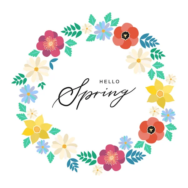 Hello spring typography hand drawn lettering poster with flower wreath decor. Vector illustration for 8 March Womens Day, Mothers Day, greeting cards, invitations. Floral border background, template — Stock Vector