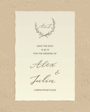 Luxury Alex and Julia wedding invitation card with hand drawn calligraphy text and floral label, on textured background - paper with deckled edges. Vector design template. Save the date welcome card clipart