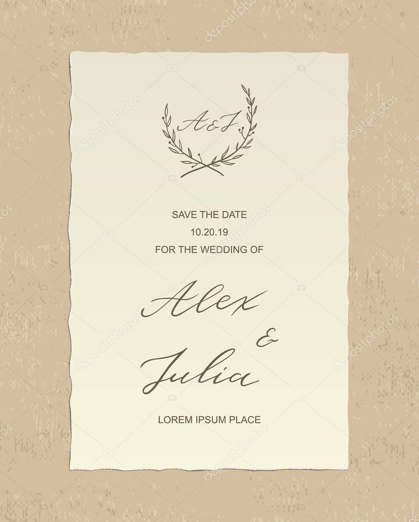 Luxury Alex and Julia wedding invitation card with hand drawn calligraphy text and floral label, on textured background - paper with deckled edges. Vector design template. Save the date welcome card