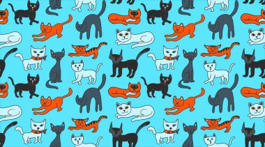 Kediler sevimli renkli seamless modeli kroki. Yavru kedi posteri, afiş arka plan şablonu. Cats-ebilmek kullanılmış olarak Yazdır bebek giyim, t-shirtler, Çocuk giyim için kartları, ambalaj tasarımı