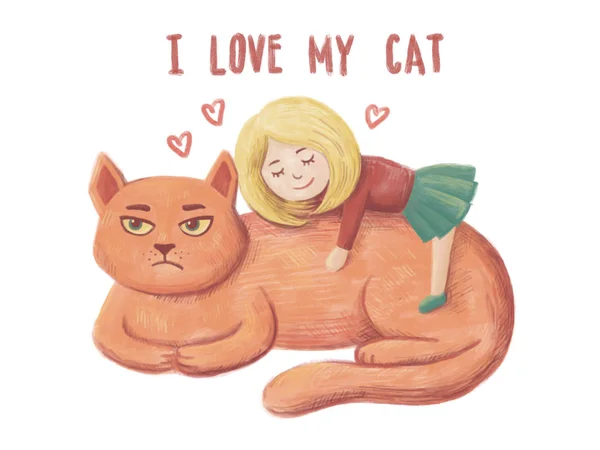 Little girl love and hug her big red cat, she is happy, but her cat is dissatisfied. I love my cat hand drawn text. Illustration with hearts and human and animal characters.