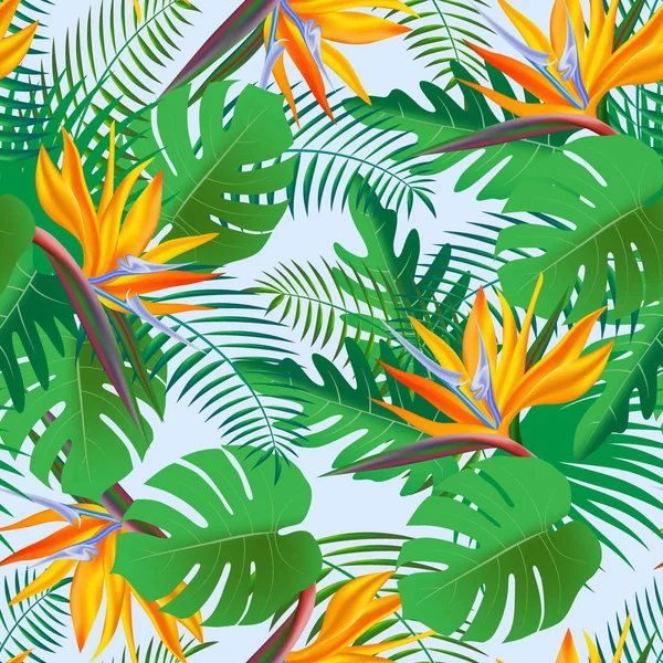 Vector Seamless Tropical Pattern Vivid Tropic Foliage Monstera Leaf Palm — Stock Vector