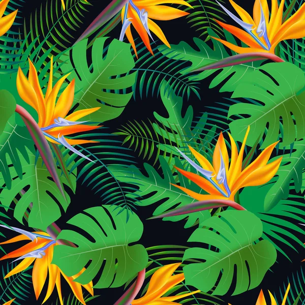 Векторный Безморщинистый Узор Яркая Тропическая Листва Листьями Чудовища Пальмовыми Листьями — стоковый вектор