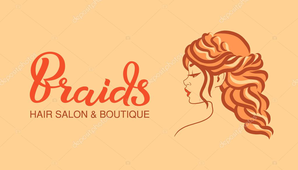 Illustration of woman with beautiful long hair style, icon, logo, badge. Woman line art silhouette on beige background, vector. Hand drawn lettering inscription - Braids