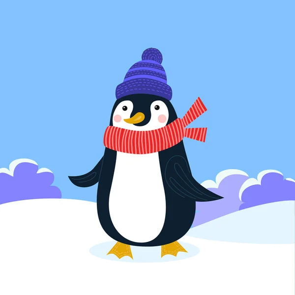 Ilustración plana vectorial para tarjetas de felicitación, postales, icono, logotipo o insignia. Tarjeta de celebración navideña con lindo pingüino en ropa de invierno en el fondo del paisaje de invierno — Vector de stock