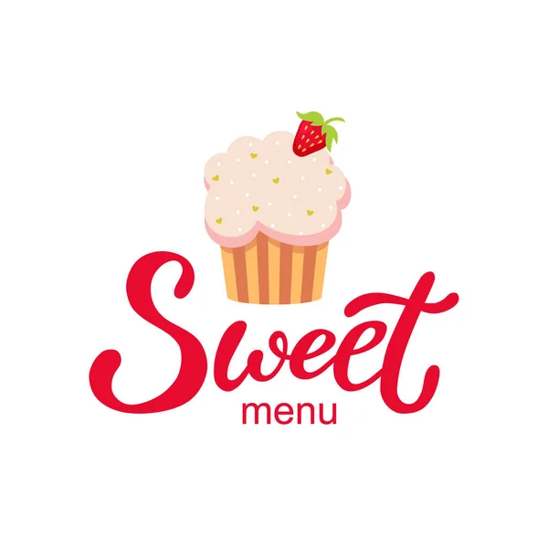 Logotipo de menú dulce dibujado a mano, tipografía letrero con cupcake en el fondo, aislado. Texto y dibujo para tarjeta de visita, plantilla de banner. Ilustración vectorial estilo moderno . — Vector de stock