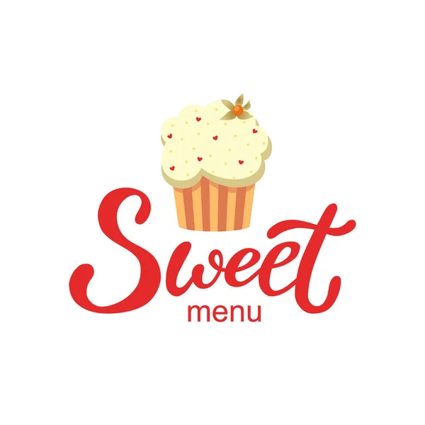 Handritad söta menyn logotyp, typografi bokstäver affisch med cupcake på bakgrund, isolerade. Text och teckning för visitkort, banner mall. Modern stil vektorillustration. — Stock vektor