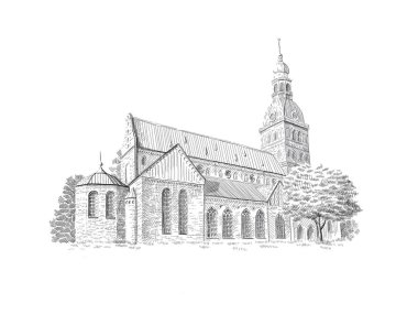 Riga Dome Cathedral siyah ve beyaz kroki çizim.