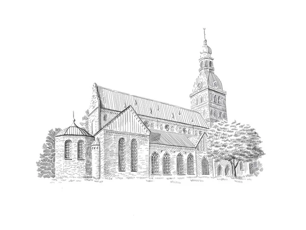 Riga Dome Cathedral black and white drawing sketch. — Stock Photo, Image