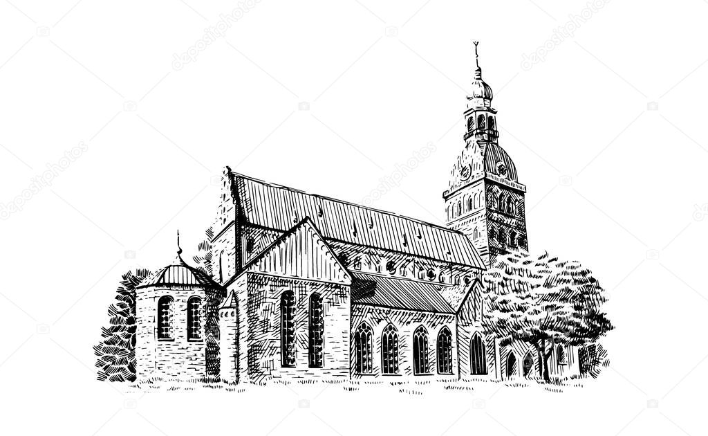 Riga Dome Cathedral black and white drawing sketch. Vector illustration.