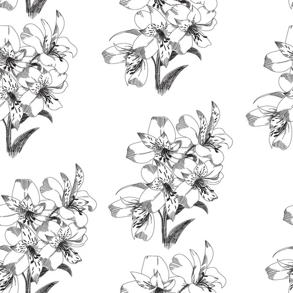Seamless pattern with sketch Lily flowers, floral decor black and white. Illustration.