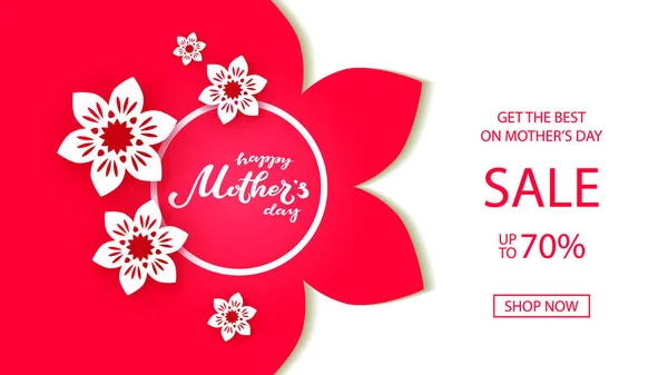 Happy Mothers Day typografie belettering poster op papier kunst bloemen frame achtergrond. Verkoop, winkelen tag met bloem decor. Moeders dag kortingskaart, sjabloon voor spandoek. Vectorillustratie — Stockvector