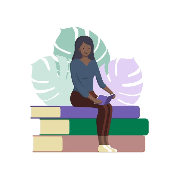 Plakat zum Welttag des Buches. junge afroamerikanische Frau liest ein Buch, Ikonenvektor, Bücherliebhaber flache Cartoon-Illustration, Bibliothekslogo — Stockvektor