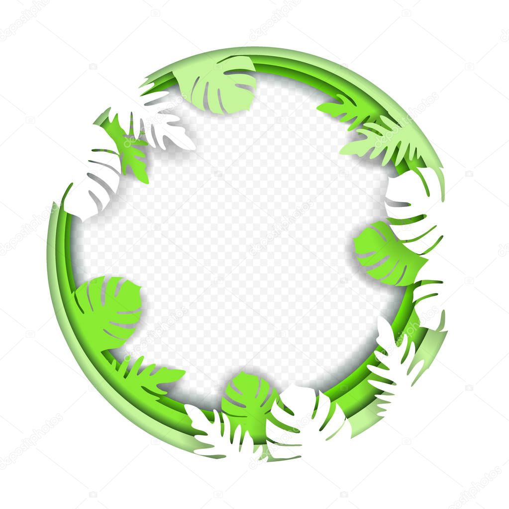 Paper art carve to frame frame of monstera leaves and other exotic plants branches in tropical forest, isolated. Origami concept, nature idea, vector illustration, in white and green colours.