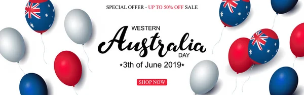 Western Australia Dia 3 de junho venda celebração banner modelo australiano balões bandeira decoração. Modelo de cartaz de férias. Ilustração vetorial . — Vetor de Stock