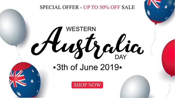 Zachodnia Australia dzień 3 czerwca sprzedaży święto banner szablon australijskie balony flaga wystrój. Szablon plakatu świątecznego. Ilustracja wektorowa. — Wektor stockowy