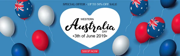 Western Australia Dia 3 de junho venda celebração banner modelo australiano balões bandeira decoração. Modelo de cartaz de férias. Ilustração vetorial . — Vetor de Stock