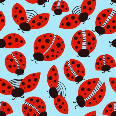 Ladybug Dikişsiz desen tasarım şablonu. Kırmızı böcekler, Ladybird arka plan. Çocuklar için el çizilmiş illüstrasyon moda, kumaş ve duvar kağıdı baskı