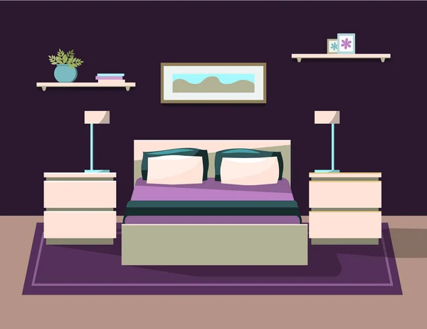 Kamar tidur dengan perabotan. Ilustrasi vektor gaya kartun datar . - Stok Vektor