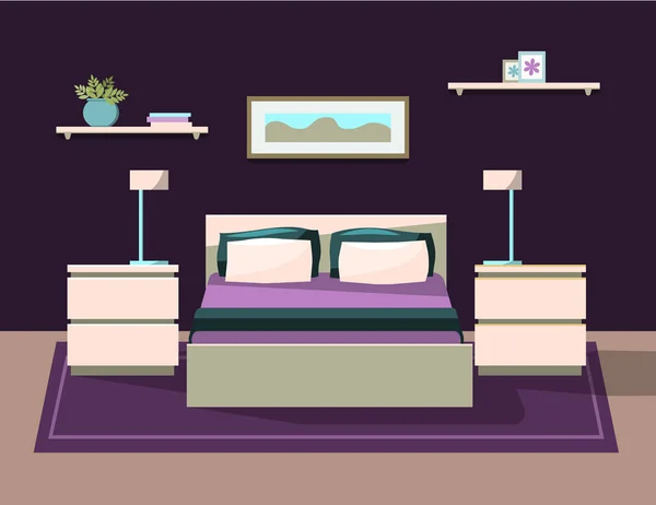 Quarto com mobiliário. Desenhos animados plano estilo ilustração vetorial . — Vetor de Stock