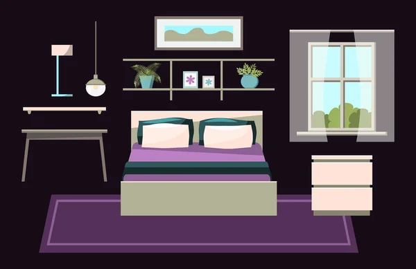 Φιλόξενο υπνοδωμάτιο εσωτερικό κατασκευαστή Clip Art σύνολο με έπιπλα-κρεβάτι, κομοδίνο, παράθυρο με κουρτίνες, τραπέζι, ράφι, λάμπα, εικόνα, φυτό, πλαίσιο, χαλί. Σύγχρονος διάνυσμα επίπεδου στυλ, απομονωμένο — Διανυσματικό Αρχείο