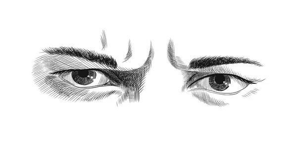 Los ojos fruncidos de los hombres con ira y emociones de resentimiento, bosquejo gráficos vectoriales dibujo monocromo . — Vector de stock