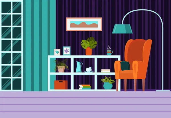 Sala de estar com móveis, janela, cortinas. Desenhos animados planos modernos ilustração vetorial estilo. Fundo interior com poltrona, prateleira, lâmpada. Nas prateleiras estão molduras, plantas, livros, pratos — Vetor de Stock