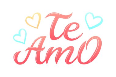 Elle çizilmiş tipografi te amo harfi. Te amo - Seni İspanyolca, romantik dekoratif harflerle seviyorum. Vektör Sevgililer günü kartı, poster, t-shirt baskı arka plan