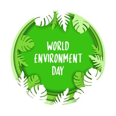 Dünya Çevre Günü'nün yaratıcı afişi veya afişi. 3d kağıt kesme çevre dostu tasarım. Vektör illüstrasyon. Kağıt oyma katmanı yeşil gölgeler ile şekiller.