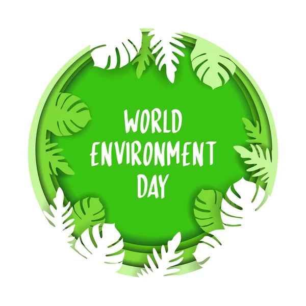 Dünya Çevre Günü'nün yaratıcı afişi veya afişi. 3d kağıt kesme çevre dostu tasarım. Vektör illüstrasyon. Kağıt oyma katmanı yeşil gölgeler ile şekiller.